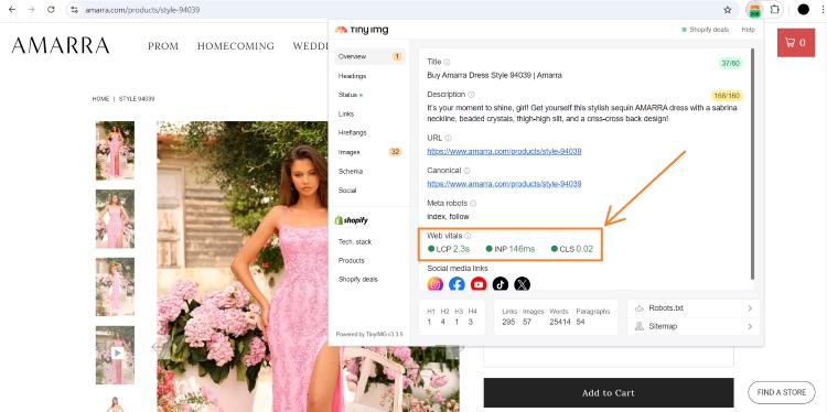 AMARRA optimized Core Web Vitals results on TinyIMG Chrome extension