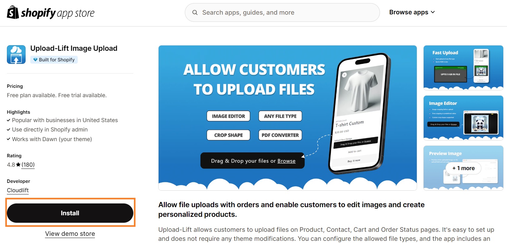 install shopify upload lift image app