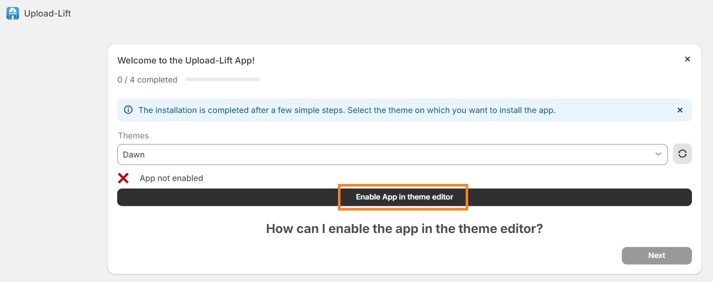 embed upload lift app in theme