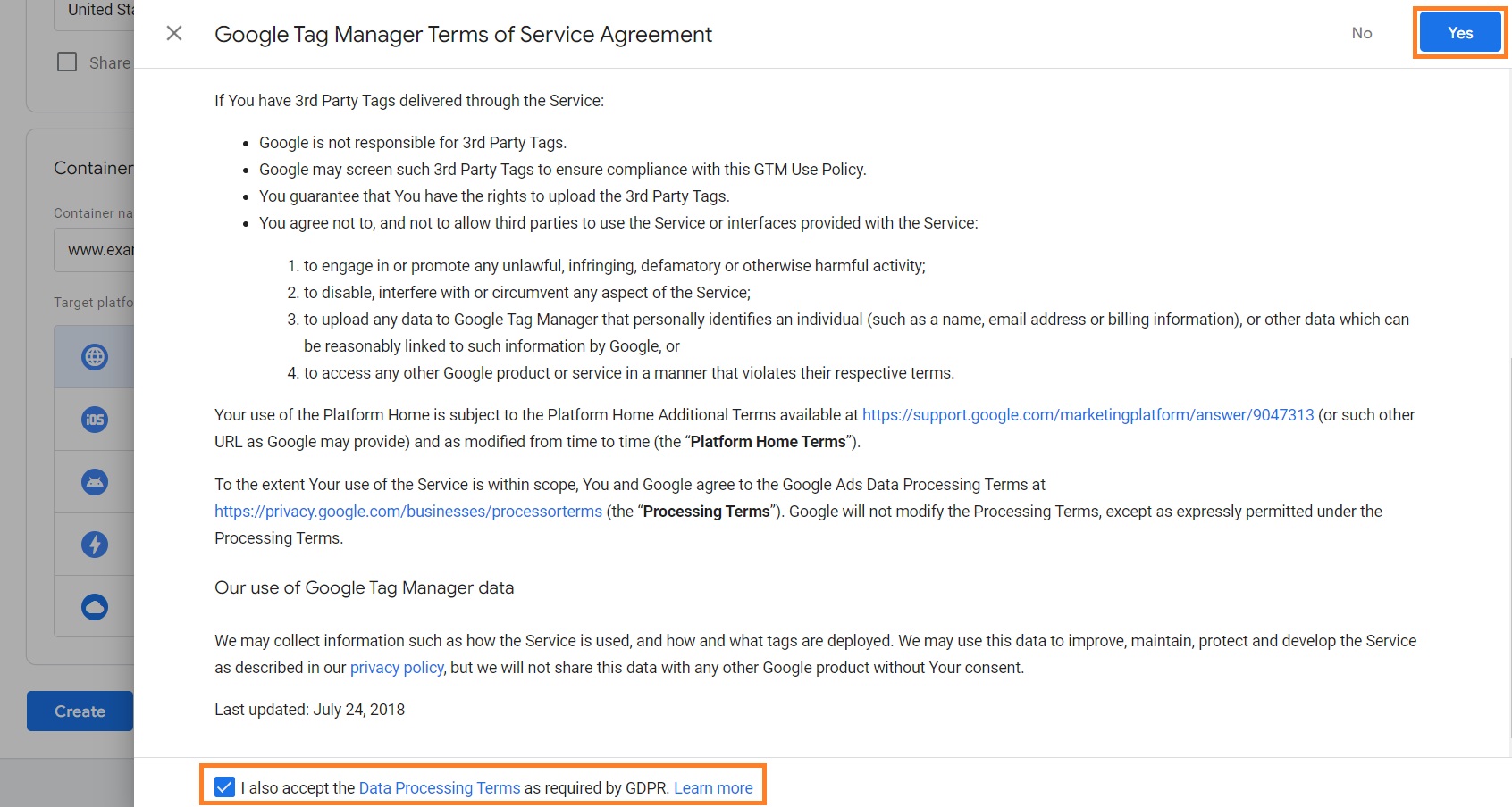 Agree to Google Tag Manager Terms of Service