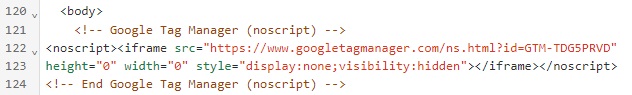 Google Tag Manager code added under the <body> section