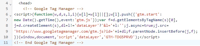Google Tag Manager code added under the <head> section