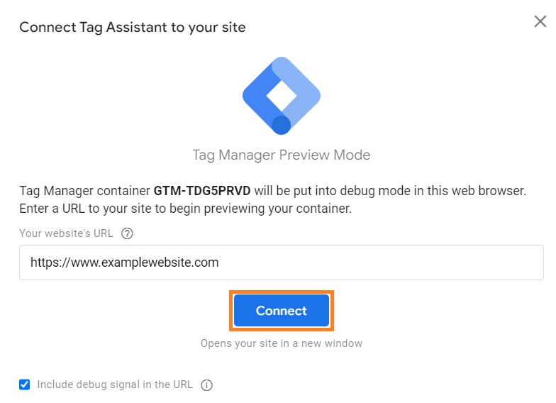Insert website URL to connect your website to Tag Assistant