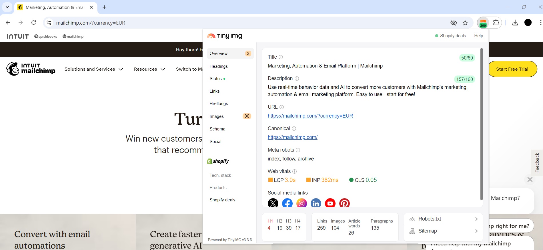 Check canonical tags on your website with TinyIMG