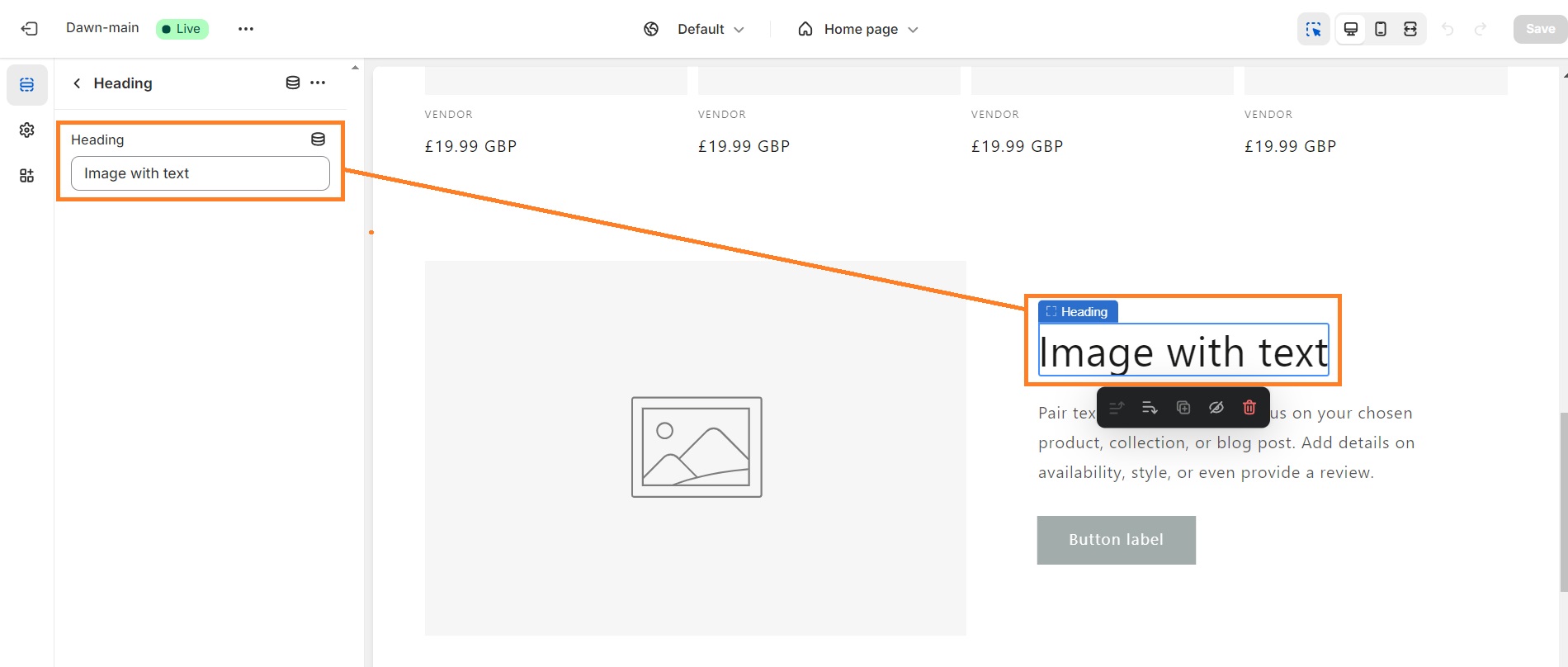 Add heading on Shopify editor