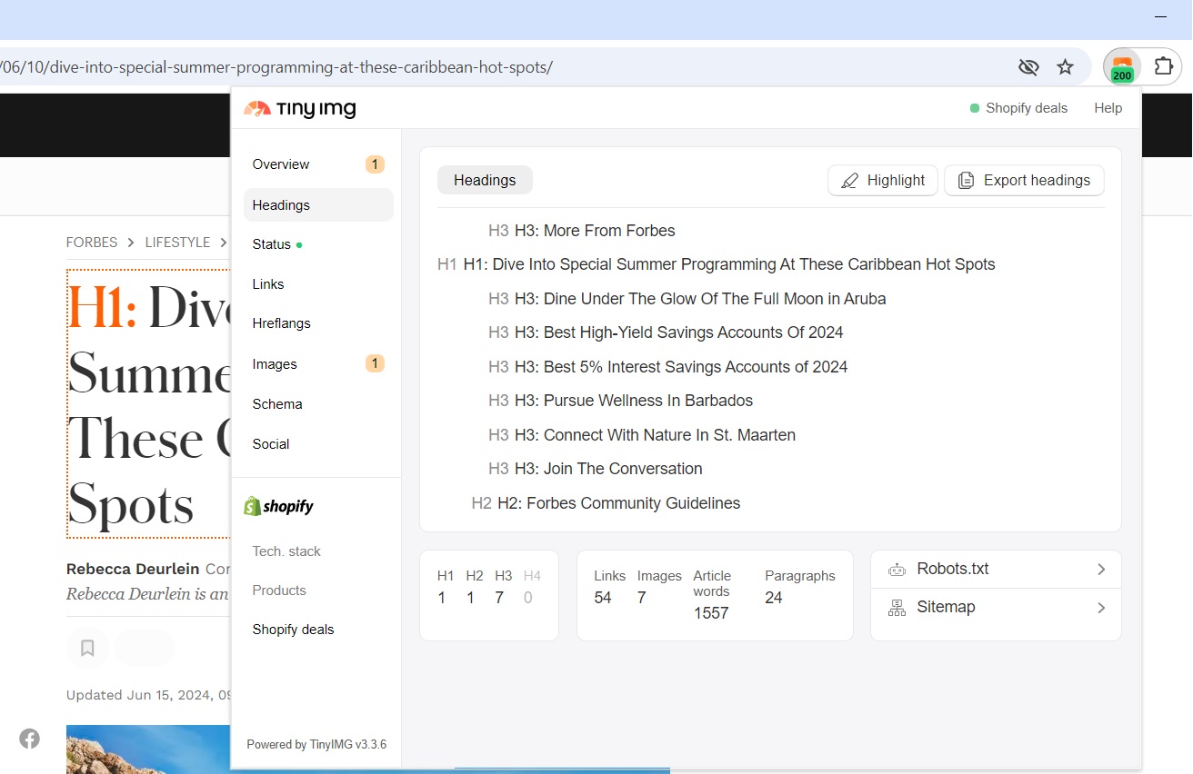 Heading overview in the TinyIMG extension