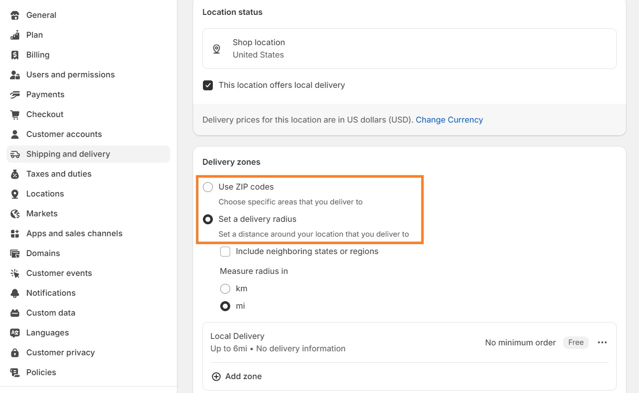 Set up local delivery details in Shopify