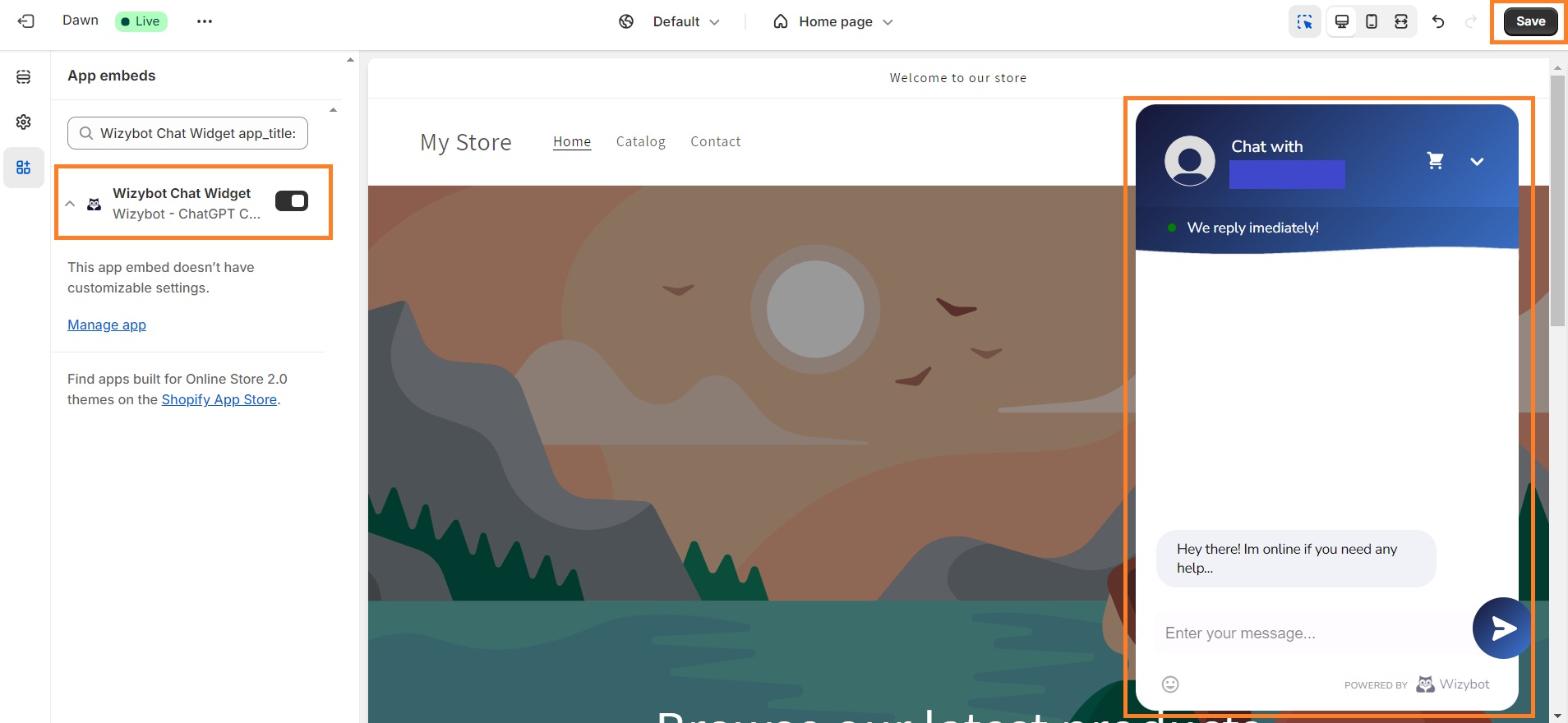 Embed the Wizybot app to Shopify