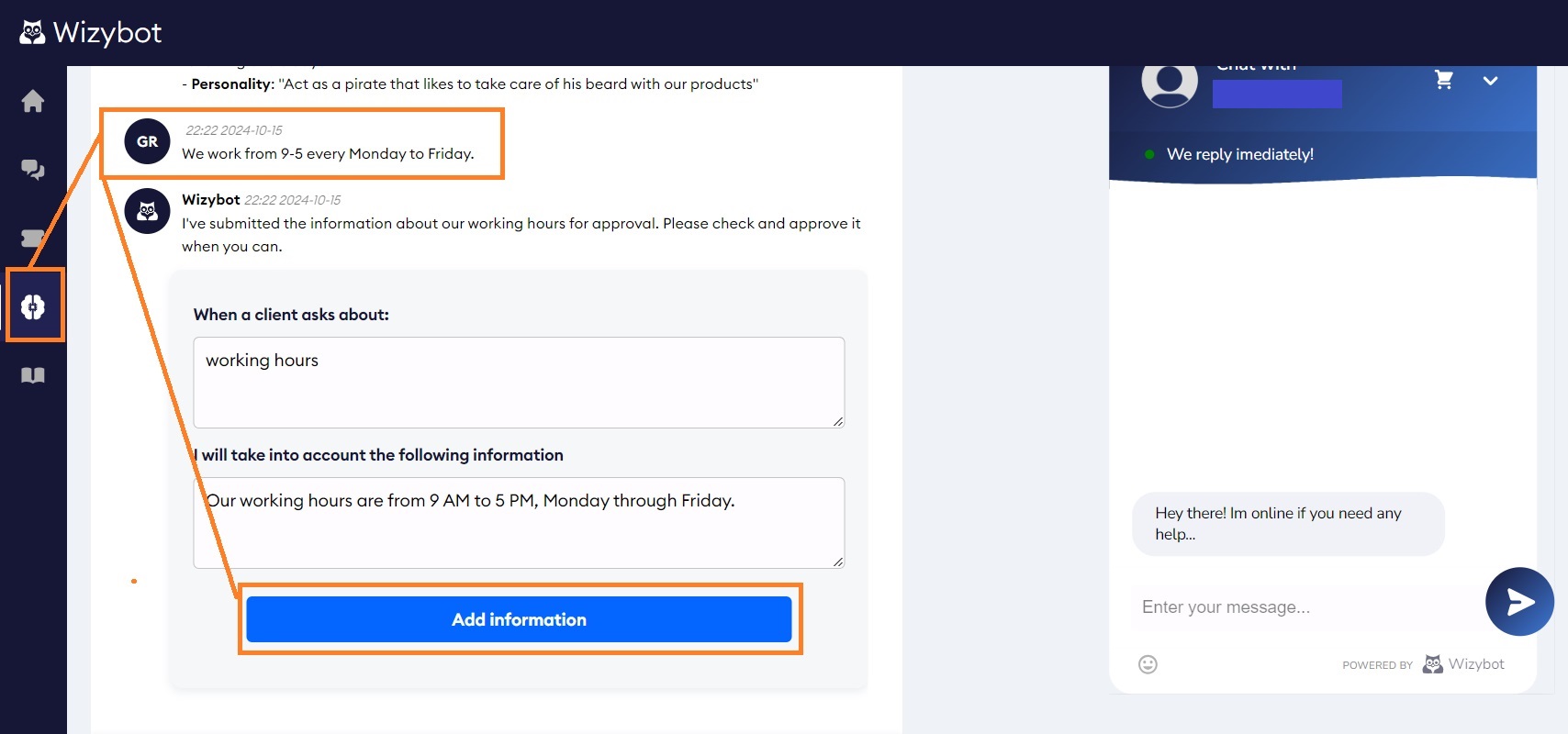 Train AI chatbot with Wizybot