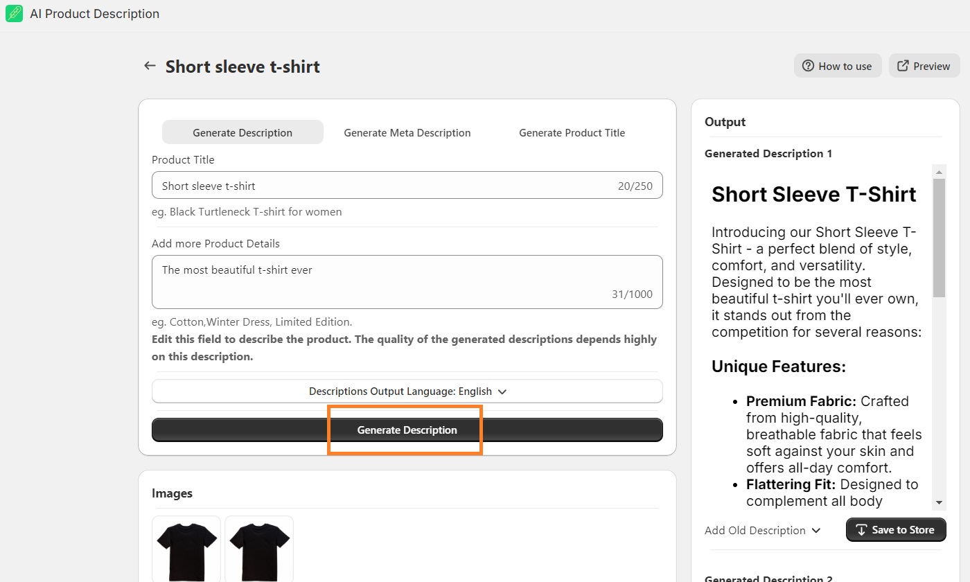 Generated descriptions with the ChatGPT-AI Product Description app