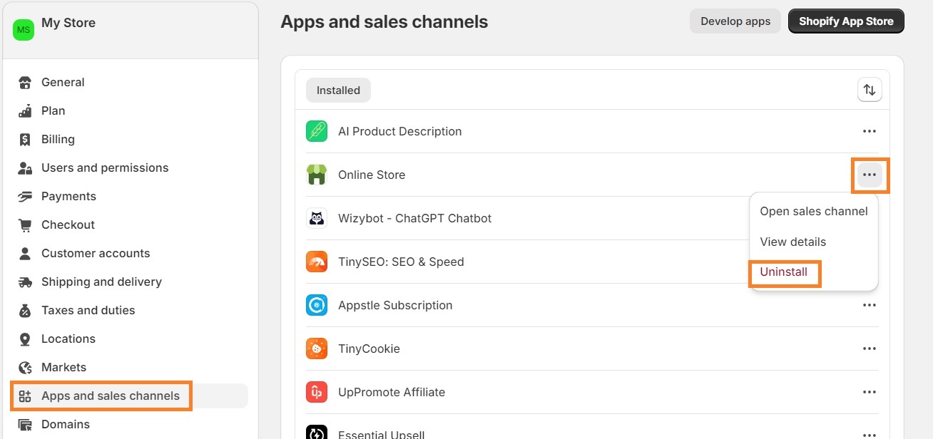 Uninstall apps on Shopify