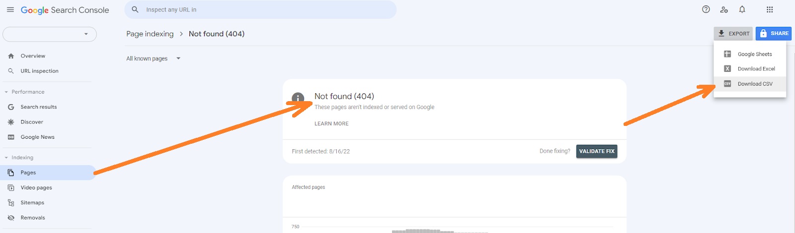 Exporting 404 error pages from Google Search Console