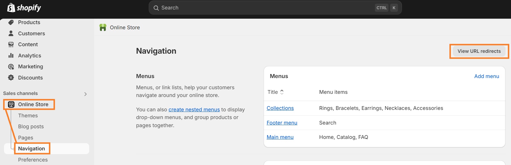 Shopify admin URL redirect page