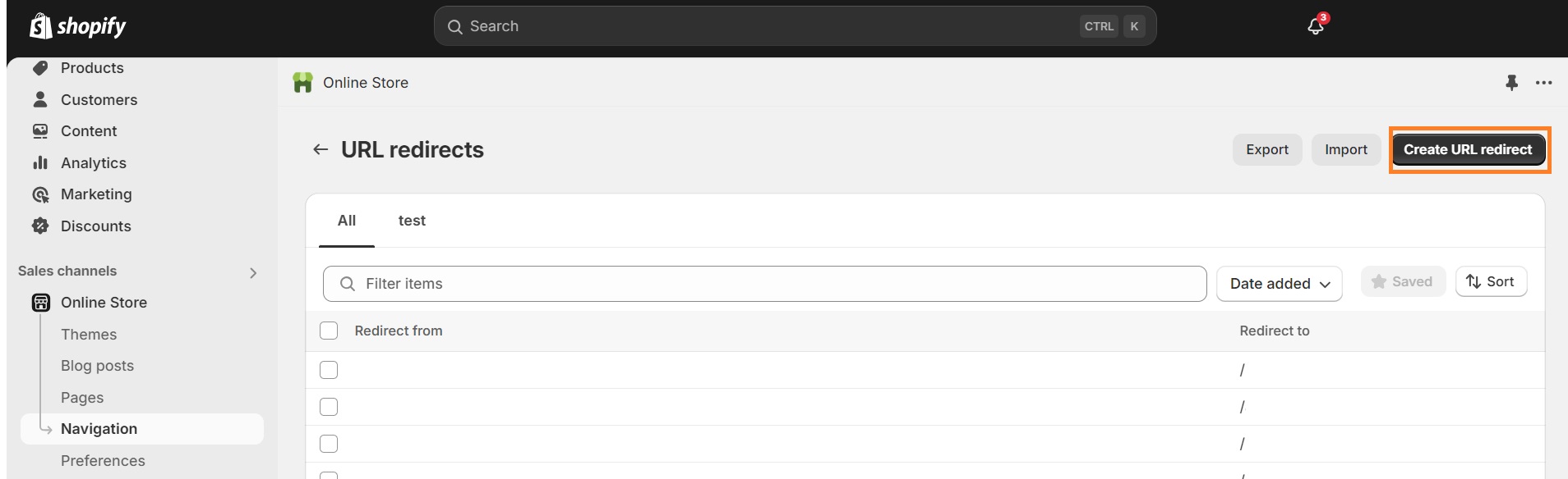 Shopify admin create URL redirect
