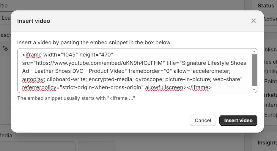 Embed the video code to your Shopify product description