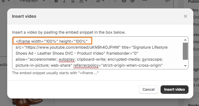 Embed the video code to your Shopify product description