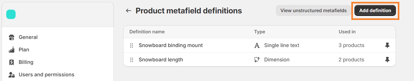 Add a product metafield definition