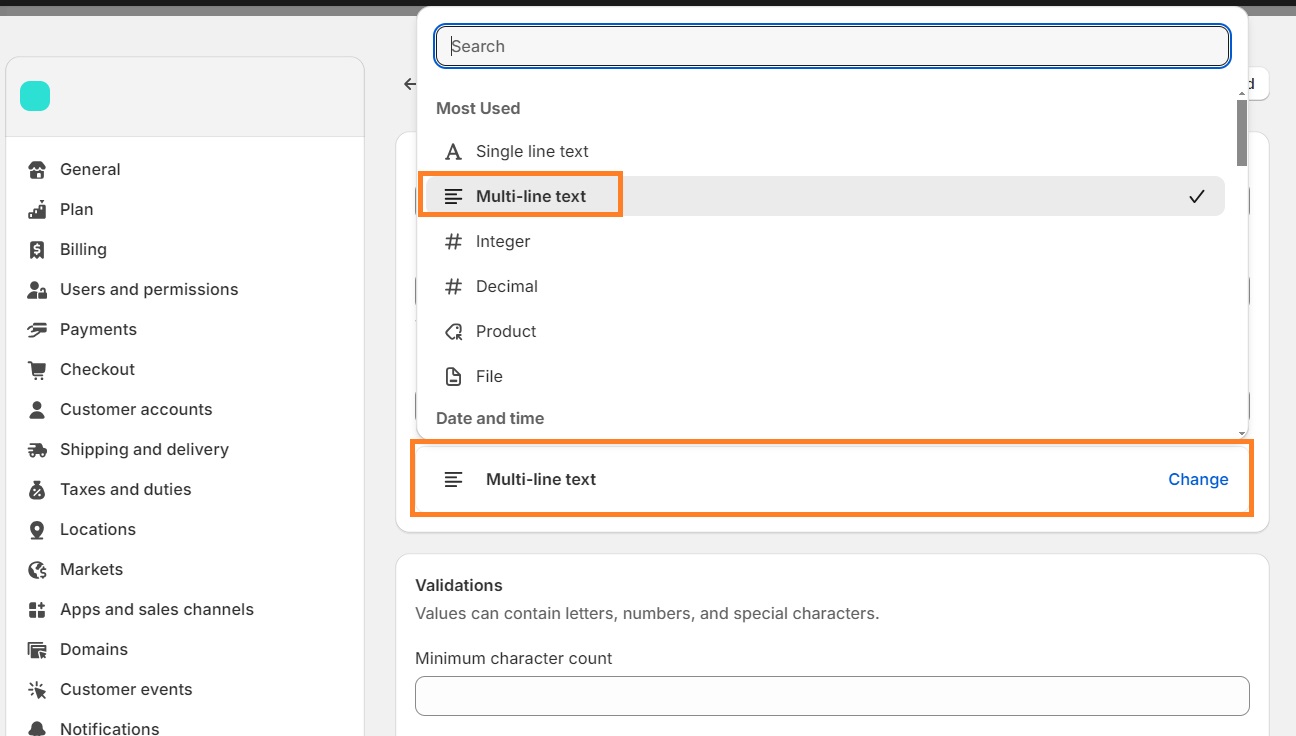 Select a type of metafield to add to your Shopify store