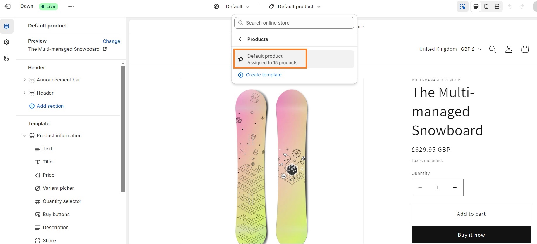 Navigate to the Default product in your Shopify theme builder
