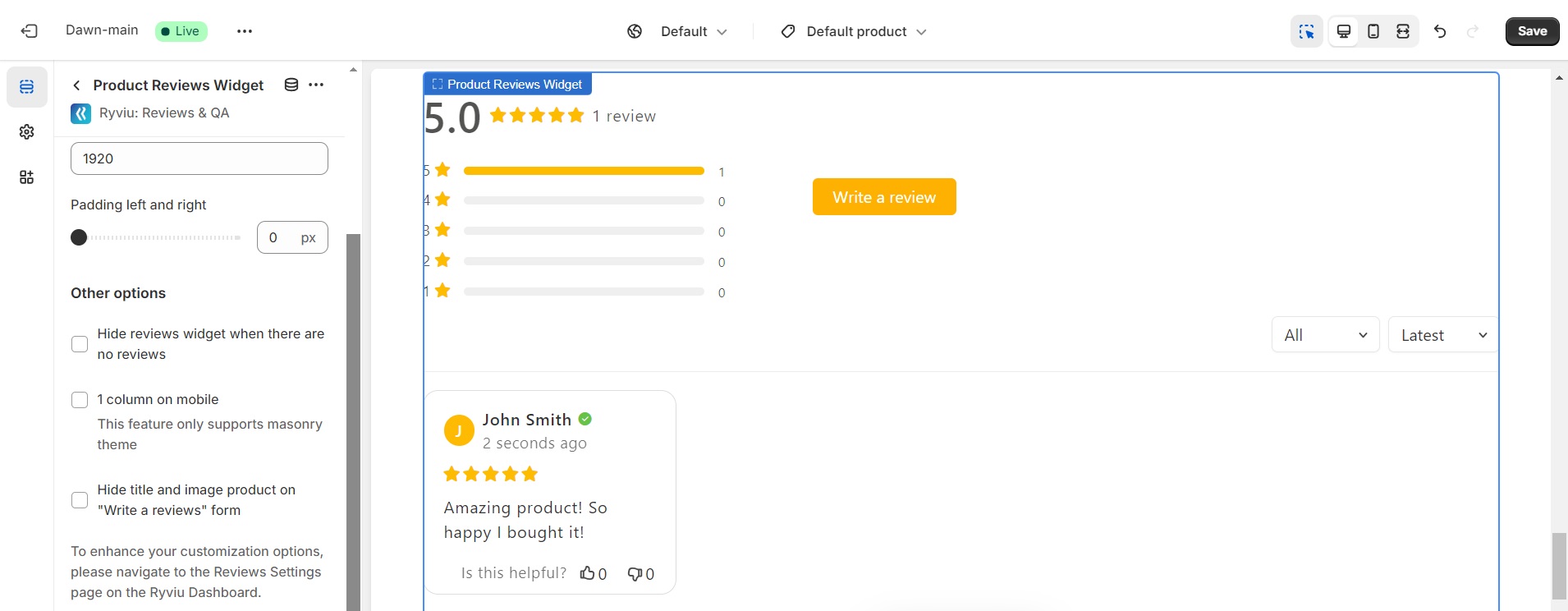 Shopify review widget example with Ryviu