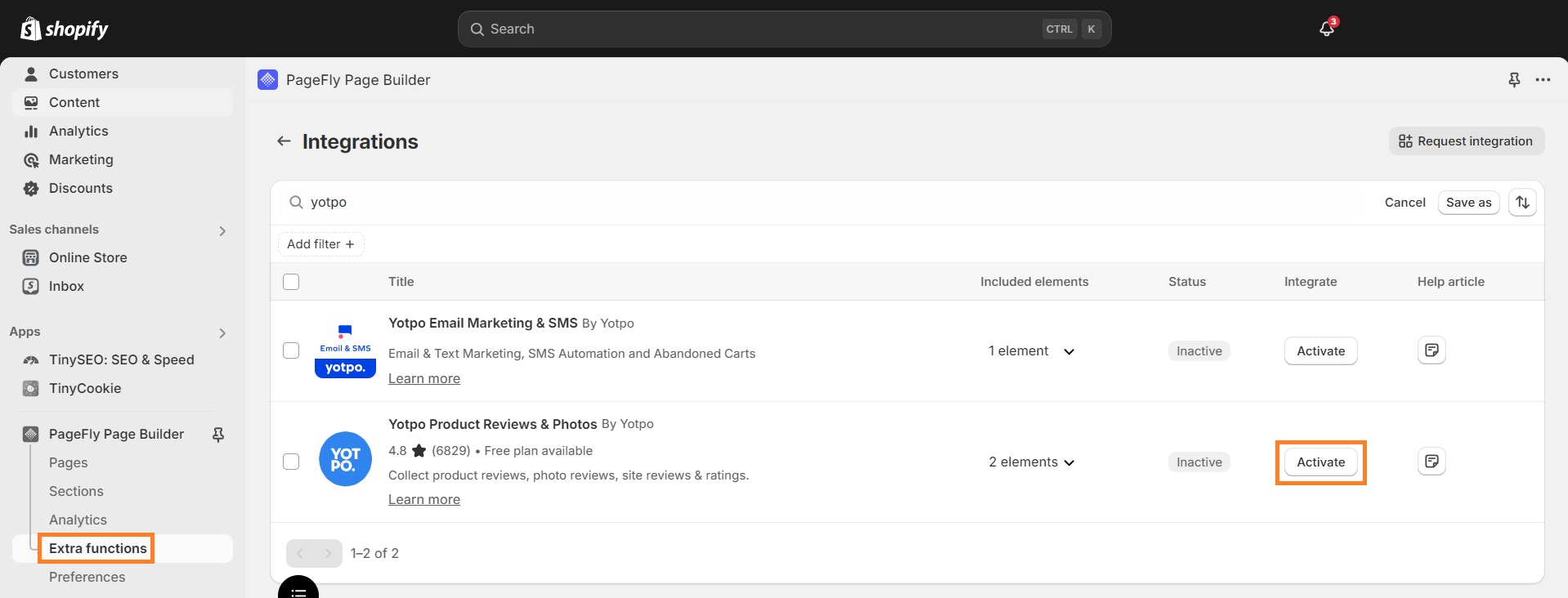 Integrations section of PageFly builder