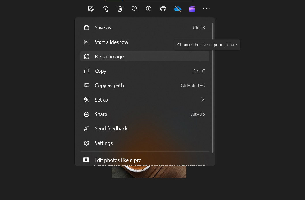 Resize image option in Photos app on Windows