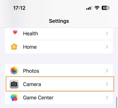 Find Camera settings in iOS Settings app
