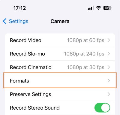 Open Camera formats in iOS settings