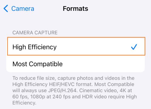 Choose high efficiency in Camera settings on iOS