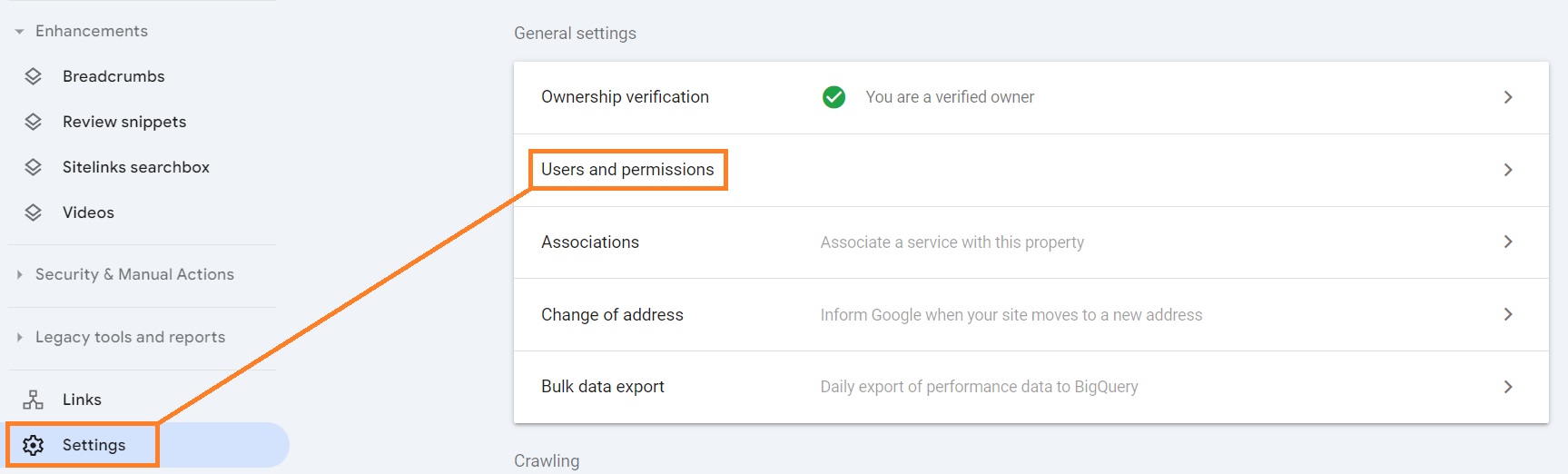 Users and permissions Google Search Console