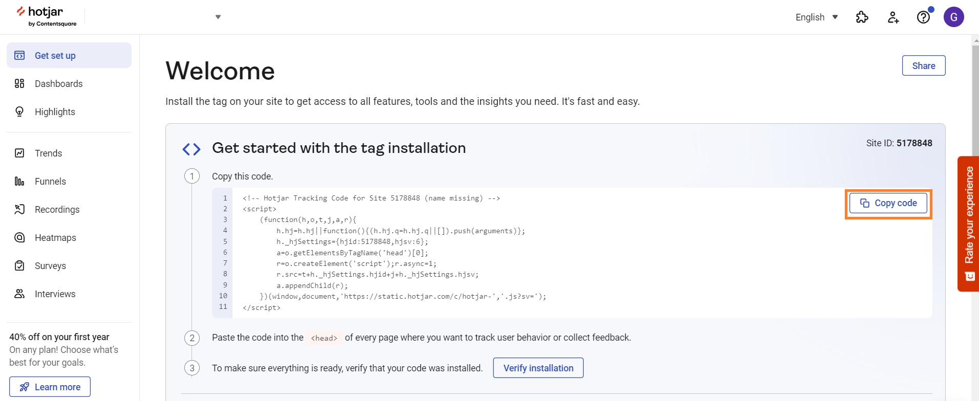 Copy Hotjar tracking code