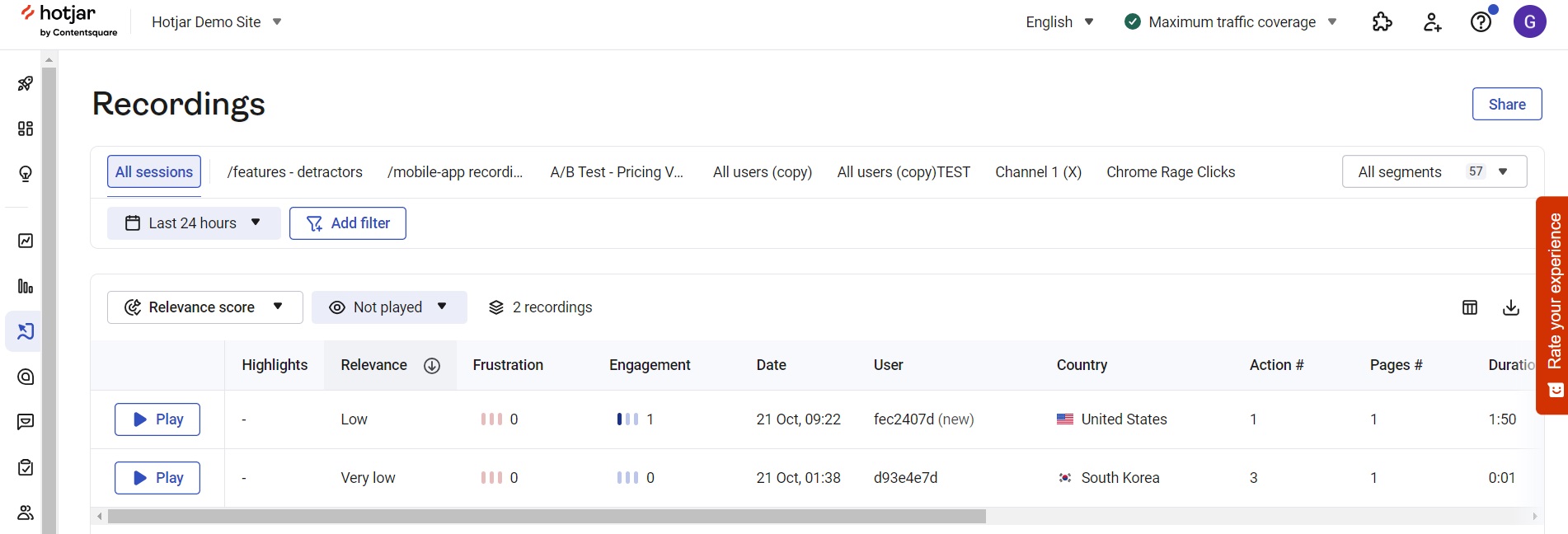 Hotjar user session recording examples