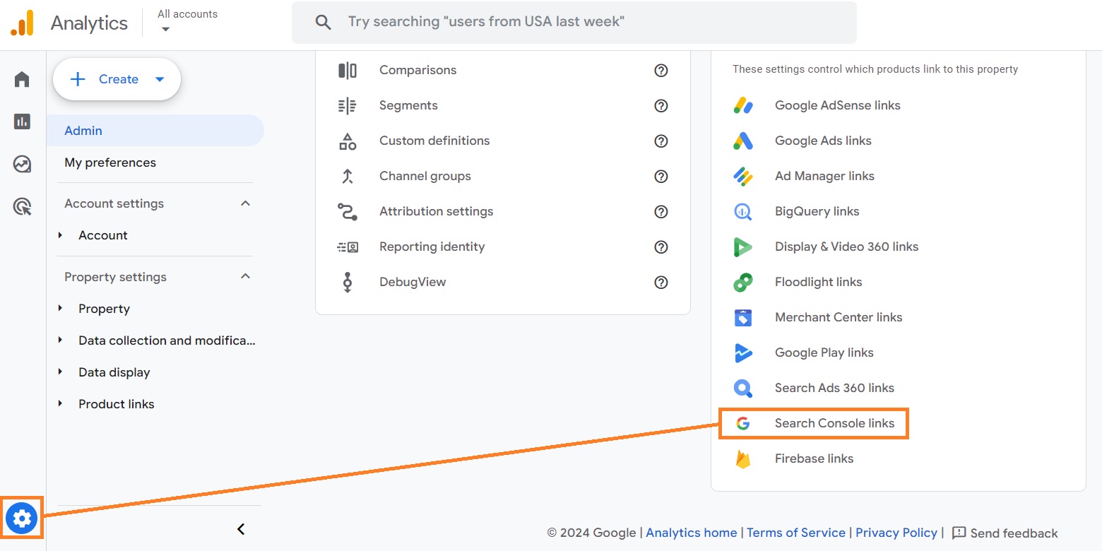 search console links in Google Analytics