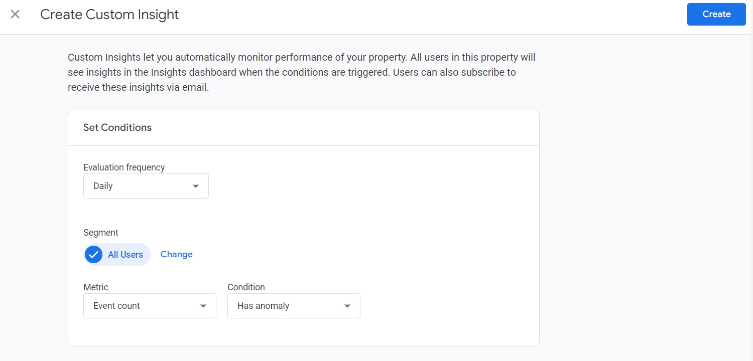 Set insight conditions on Google Analytics