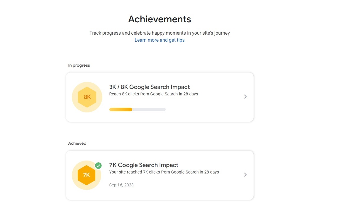 Achievements report on Search Console Insights