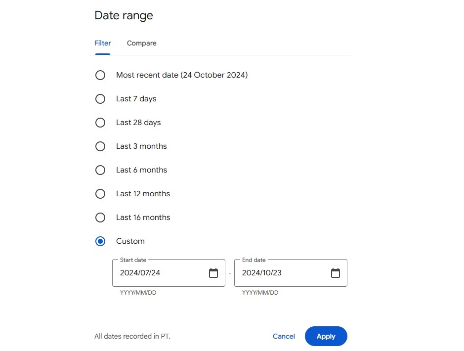 Date range options in Search Console
