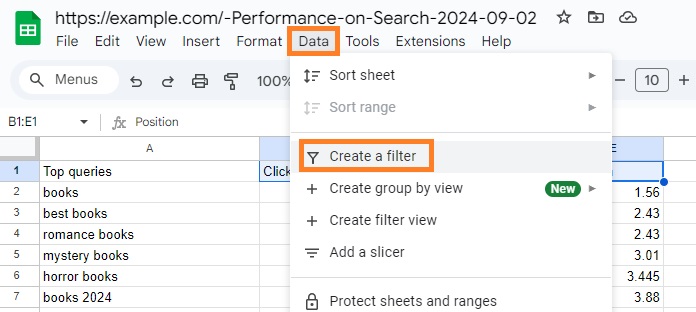 Create a filter for Search Console data in sheets