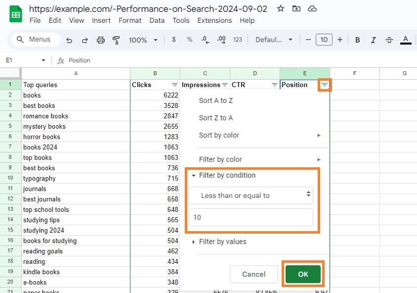 Filter position by condition to find top performing search console keywords