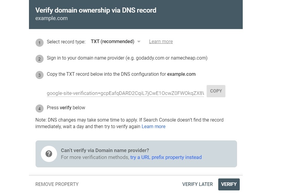 Verify ownership on Search Console through domain