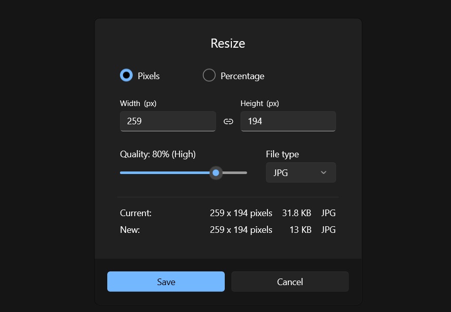Enter new width and height of a JPEG file