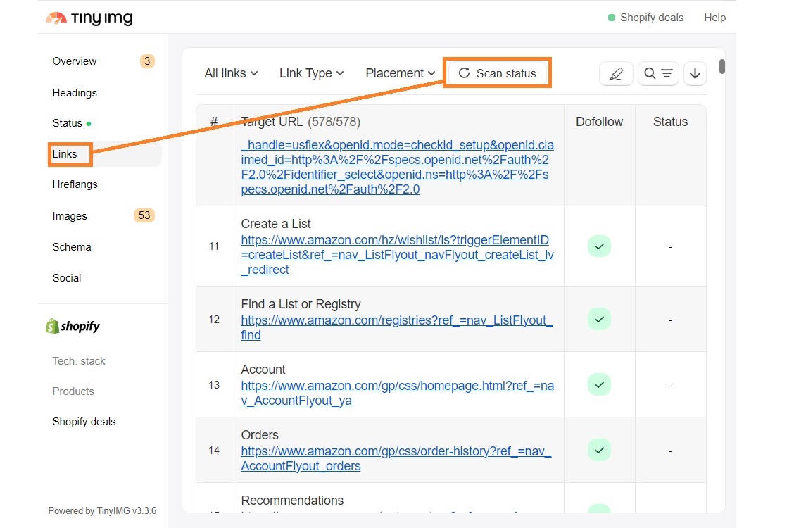 TinyIMG extension scan link status