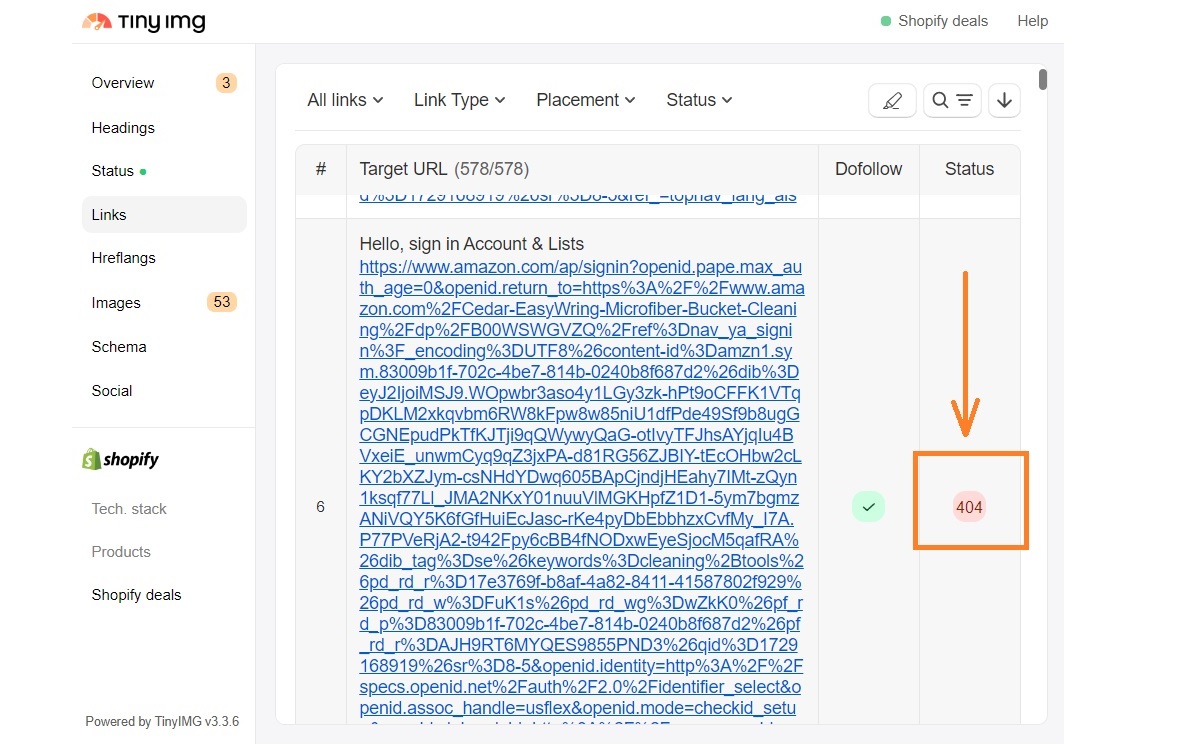 TinyIMG extension 404 status code example