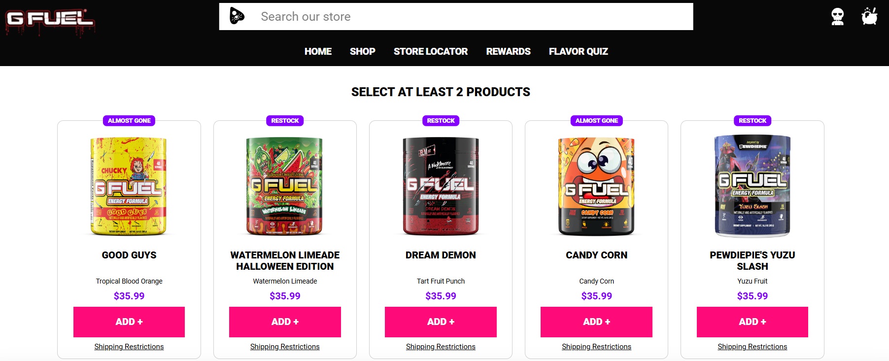 Halloween styled products in G Fuel Shopify store