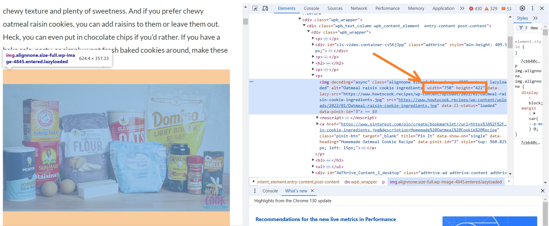 Locate image size in Inspect tool