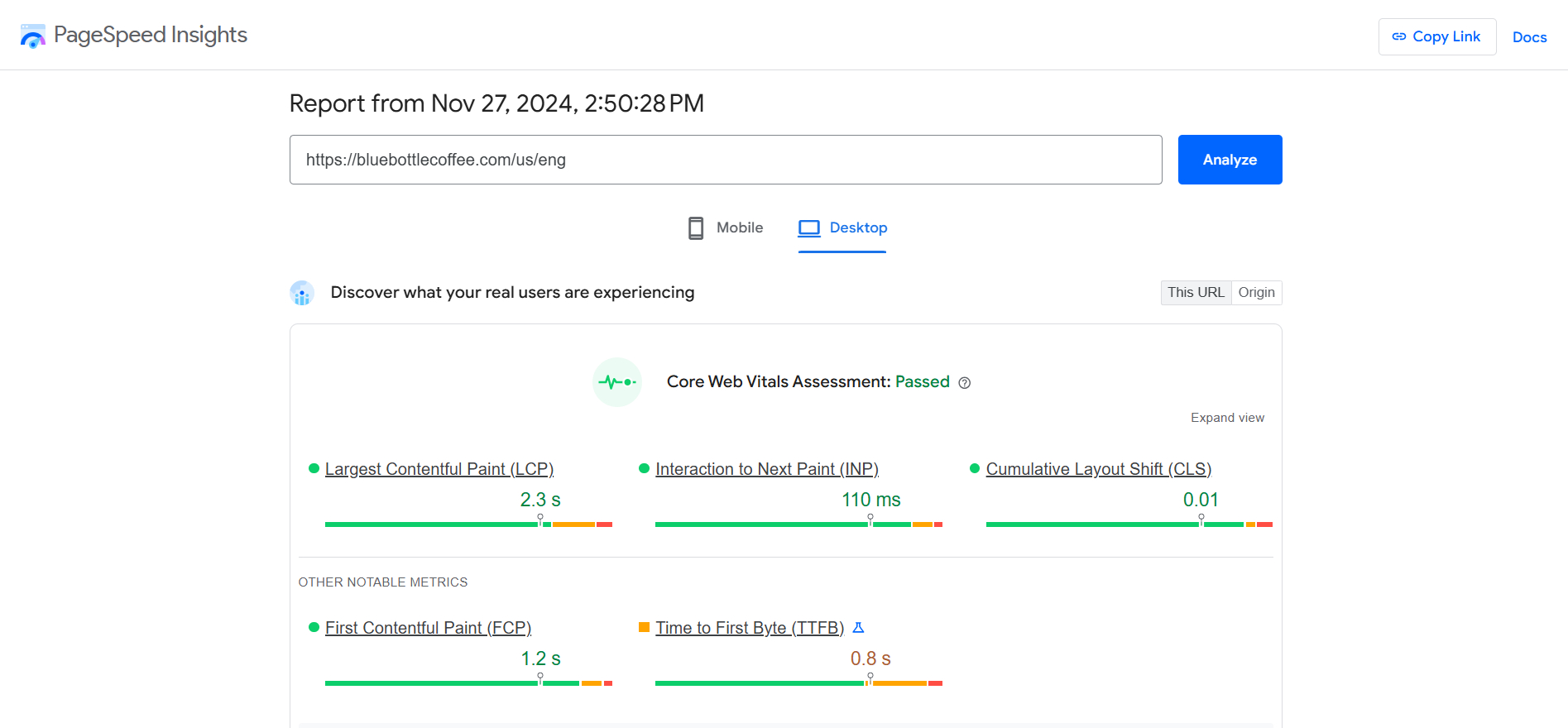 report on pagespeed insights