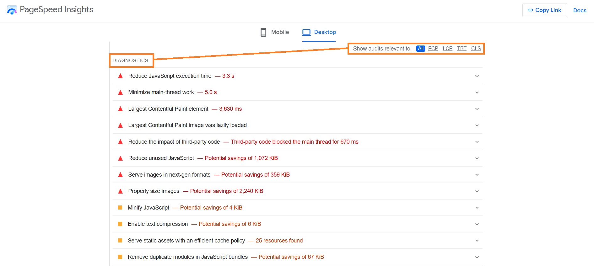 PageSpeed Insights diagnostics