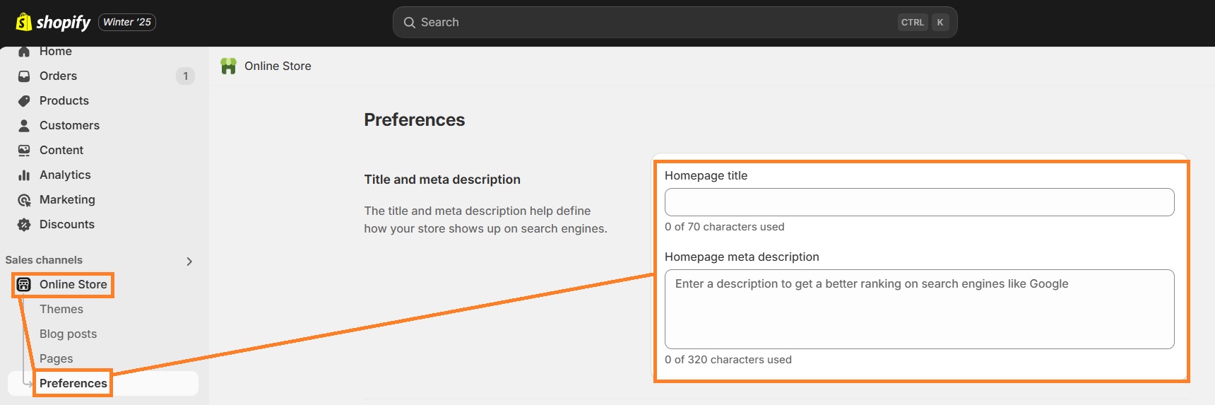 Edit Shopify homepage metadata