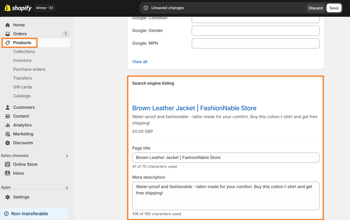 Edit Shopify product page metadata