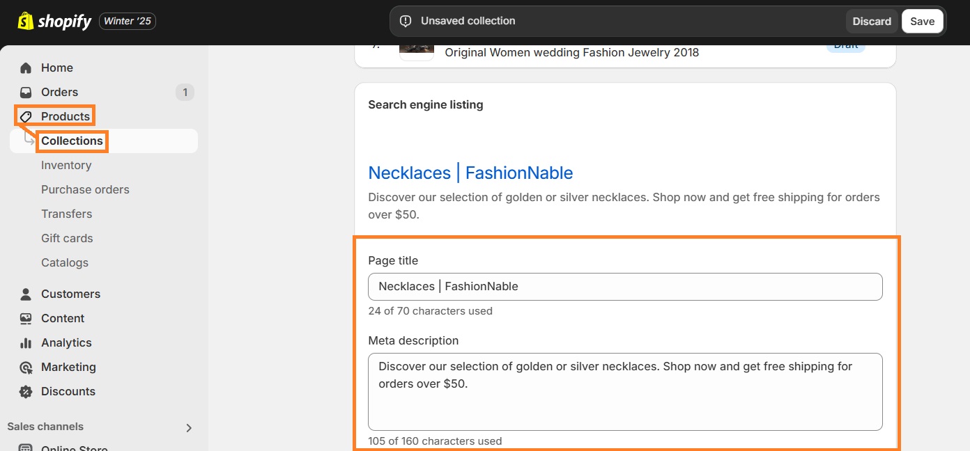 Edit Shopify collection page metadata