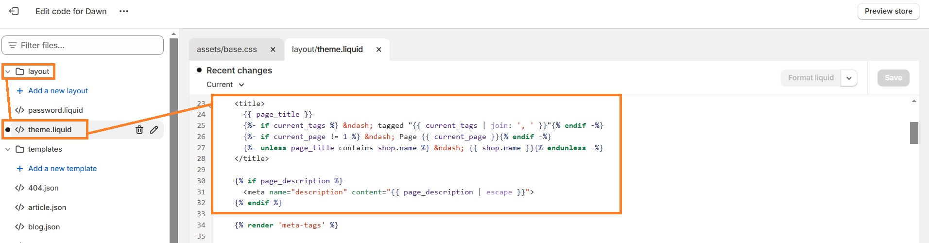 Edit theme.liquid code on Shopify